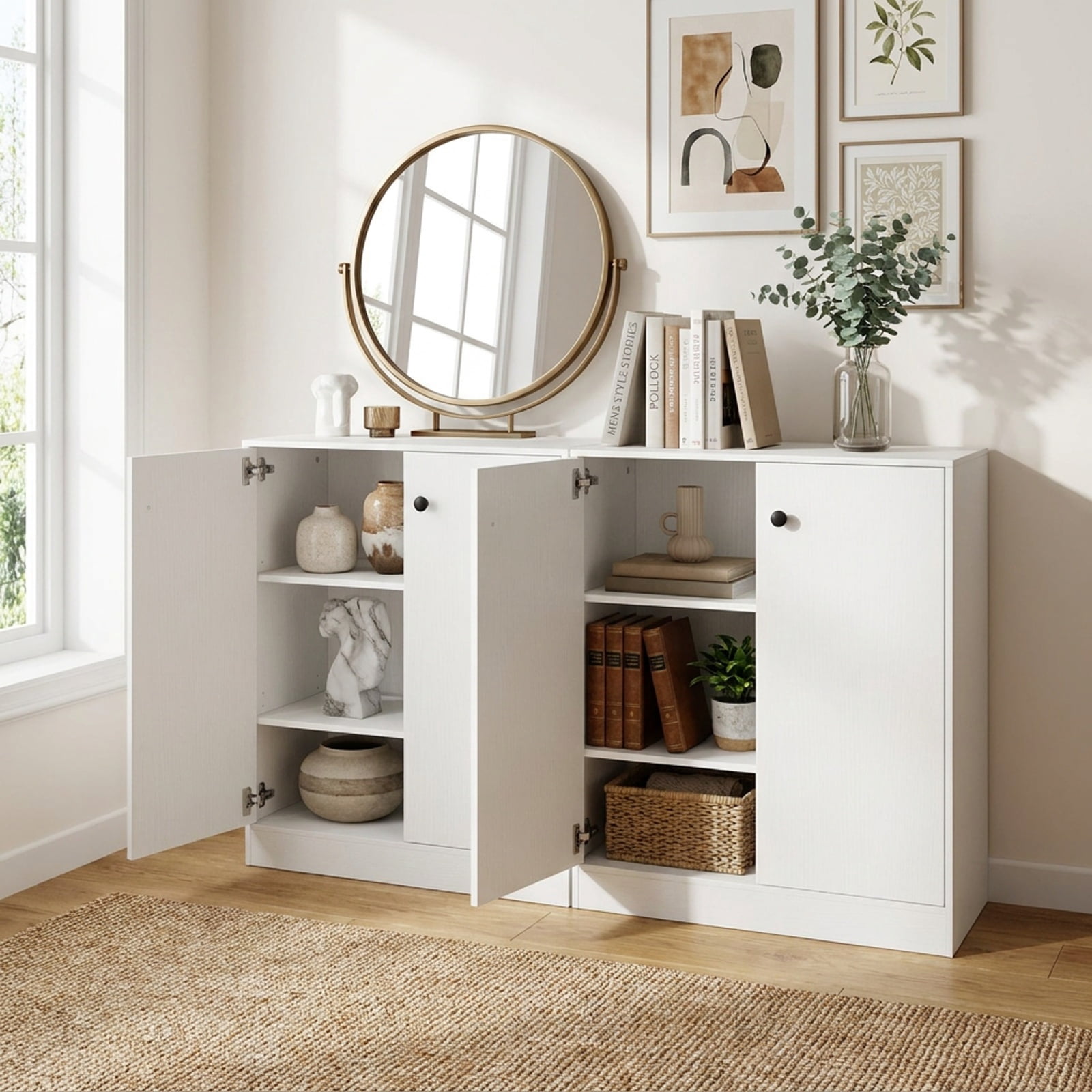 Furnibear 2 Door Accent Storage Cabinet with 3 Tier Shelf and Countertop Buffet Sideboard for Living Room Entryway and Kitchen, White