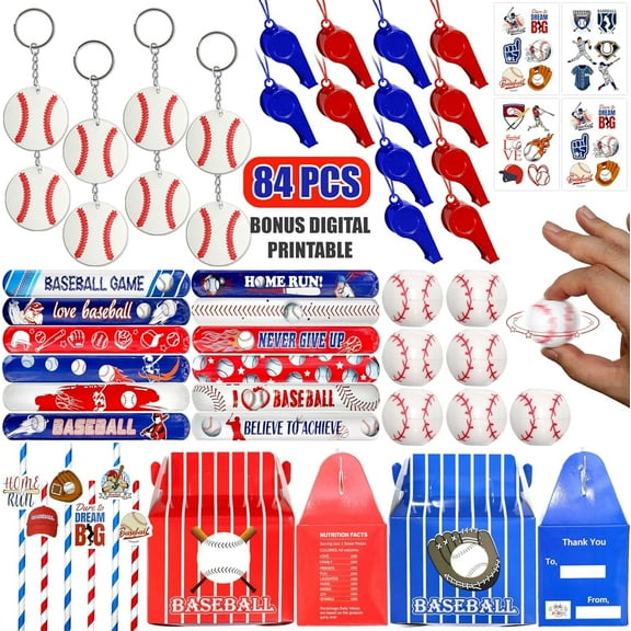 84 Pcs Baseball Party Favors - 12 Set Treat Box Keychains Baseball Wristbands Straw and Stickers for Boys Classroom Rewards Party Supply