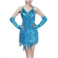 thumbnail image 4 of Women Summer Lace Fashion Sequined Sling Halter Latin Dance Dress Tassel Costume Dance Mini Dress, 4 of 5