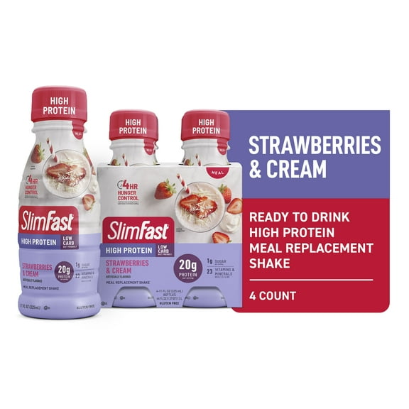SlimFast High Protein Shake Meal Replacement Shake, Strawberries and Cream, 11 fl oz Bottle, 4 Pack