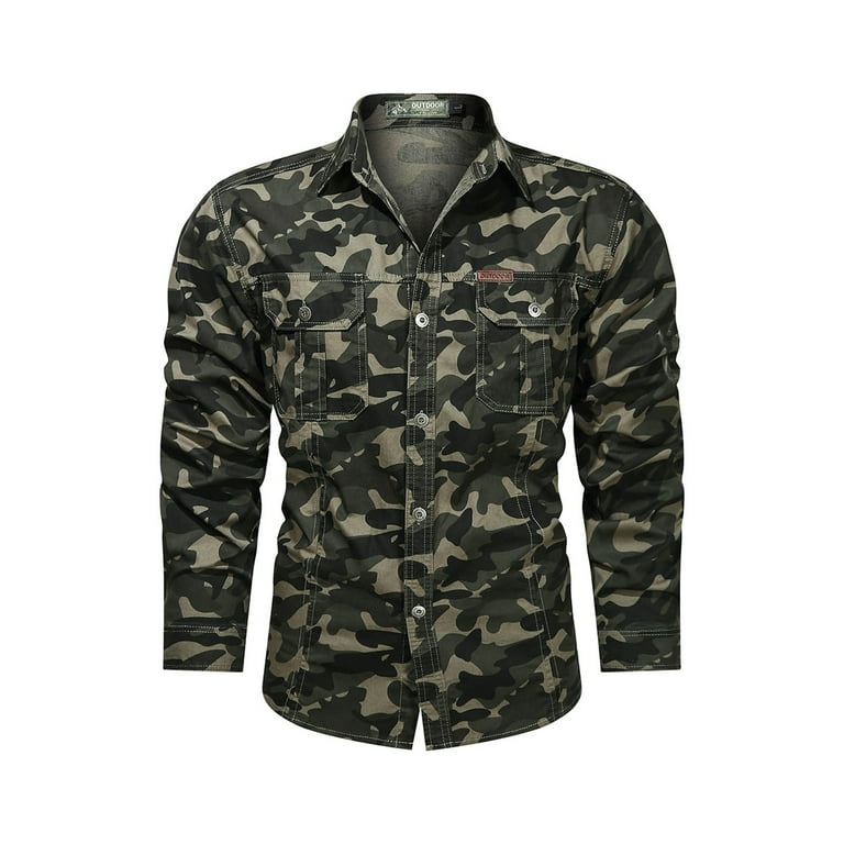 Green Shirts Male Autumn Winter Soild Color Cotton Single Breasted Double  Pocket Long Sleeve Washed Military Outdoor Shirt
