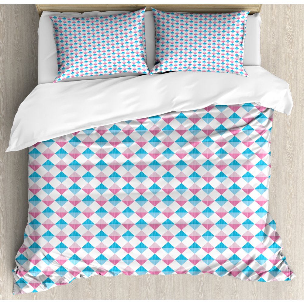 Geometric Duvet Cover Set King Size, Diagonal Checkered Squares with