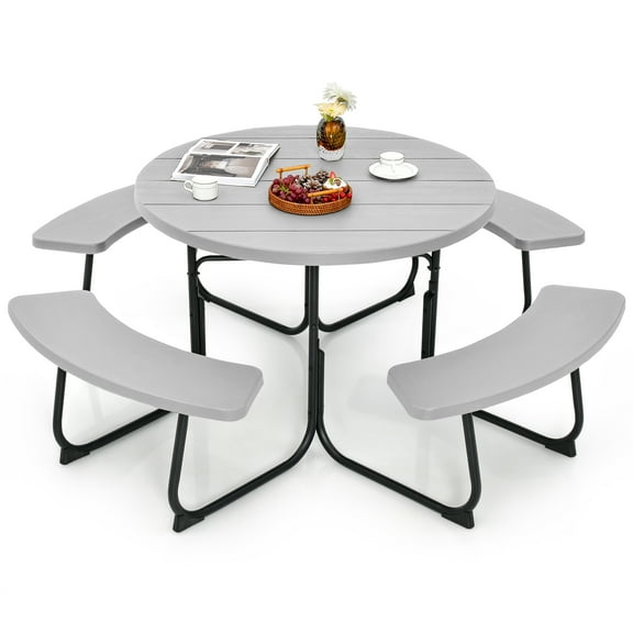 Costway Outdoor 8-person Round Picnic Table Bench Set with 4 Benches & Umbrella Hole Gray