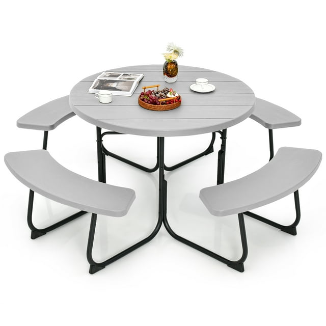 Costway Ensemble de Table de Pique-Nique Ronde et Banc pour l'Extérieur, 8 Personnes, avec 4 Bancs et Trou pour Parasol, Gris