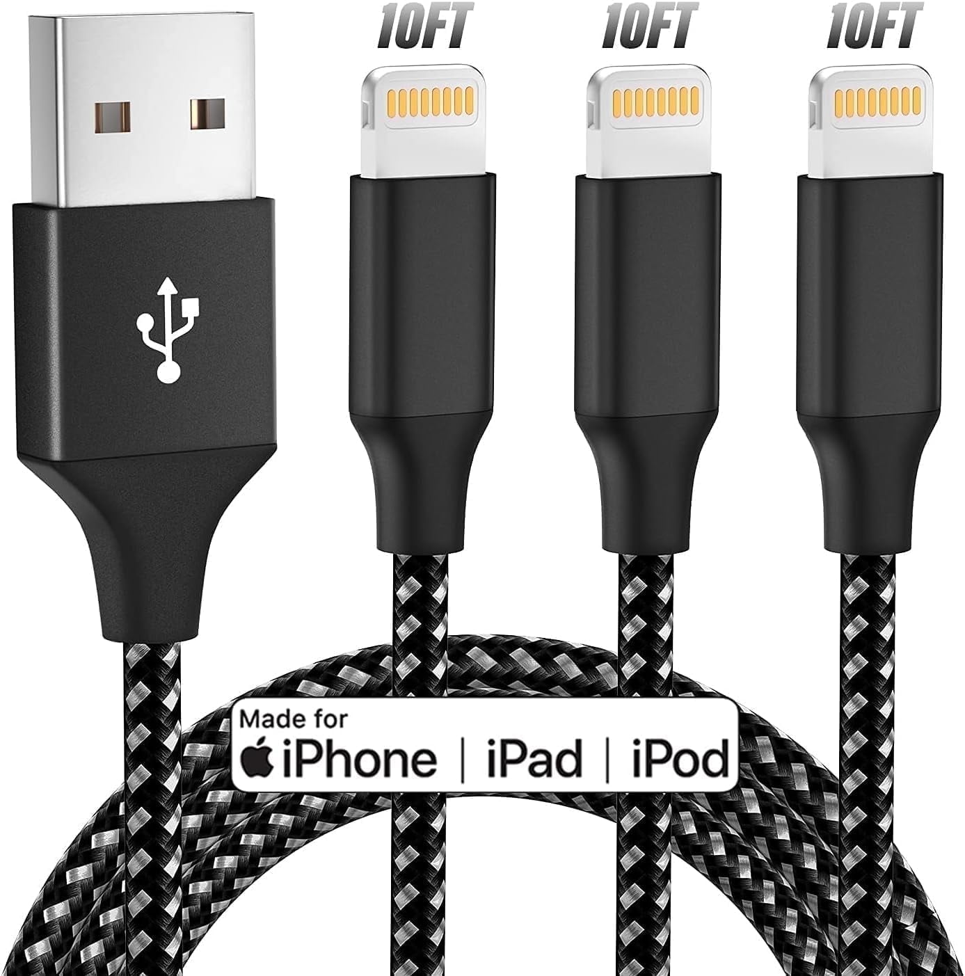 Bkayp Apple MFi Certified Lightning Cables, 10ft, 3-Pack Black photo 1
