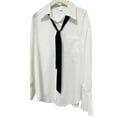 thumbnail image 1 of Camisa con botones para mujer, camisa de oficina holgada y transpirable con manga trompeta plisada blanca y corbata para fiesta y oficina, 1 of 8