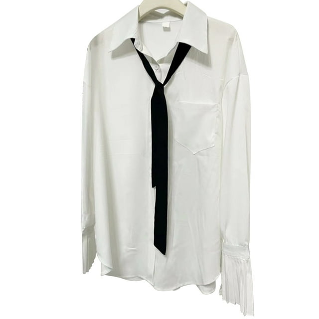 Camisa con botones para mujer, camisa de oficina holgada y transpirable con manga trompeta plisada blanca y corbata para fiesta y oficina