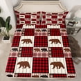 thumbnail image 2 of Manfei Wild Bear Twin Sheet Sets,Jungle Animal Twin Fitted Sheet,Red Patchwork Geometric Plaid Flat Sheet For Kids,Ultra Soft Home Decor,3pcs, 2 of 7