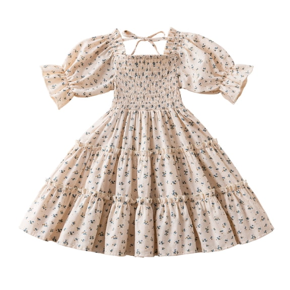 Fshinging 2025 Toddler Girls Dress Spring Summer Floral Print Ruffle Short Sleeve Princess Children Dresses Size 4-5 Years