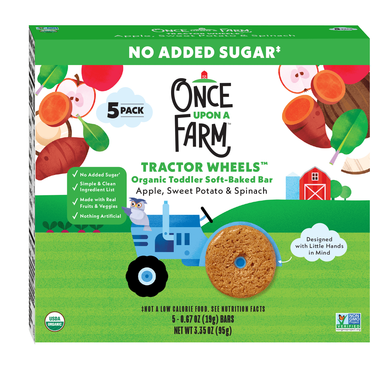 (8 pack) (8 pack) Once Upon a Farm Organic Tractor Wheels Toddler Bar, Apple, Sweet Potato & Spinach 5 Count
