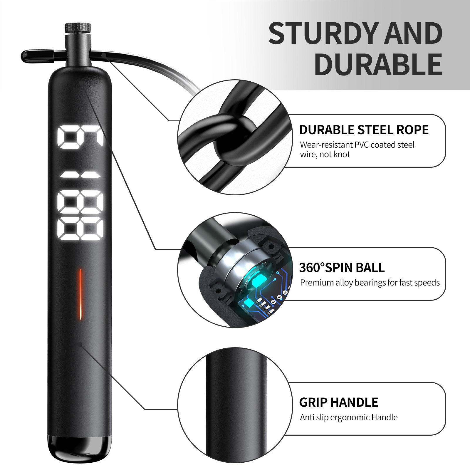 Cordless Jump Rope with Counter, 2 In 1 Weighted Ropeless Skipping Rope for Kids Women Men, Adjustable Digital Smart Jump Ropes for Fitness Workout Boxing Speed Training Crossfit Home Gym, Gray