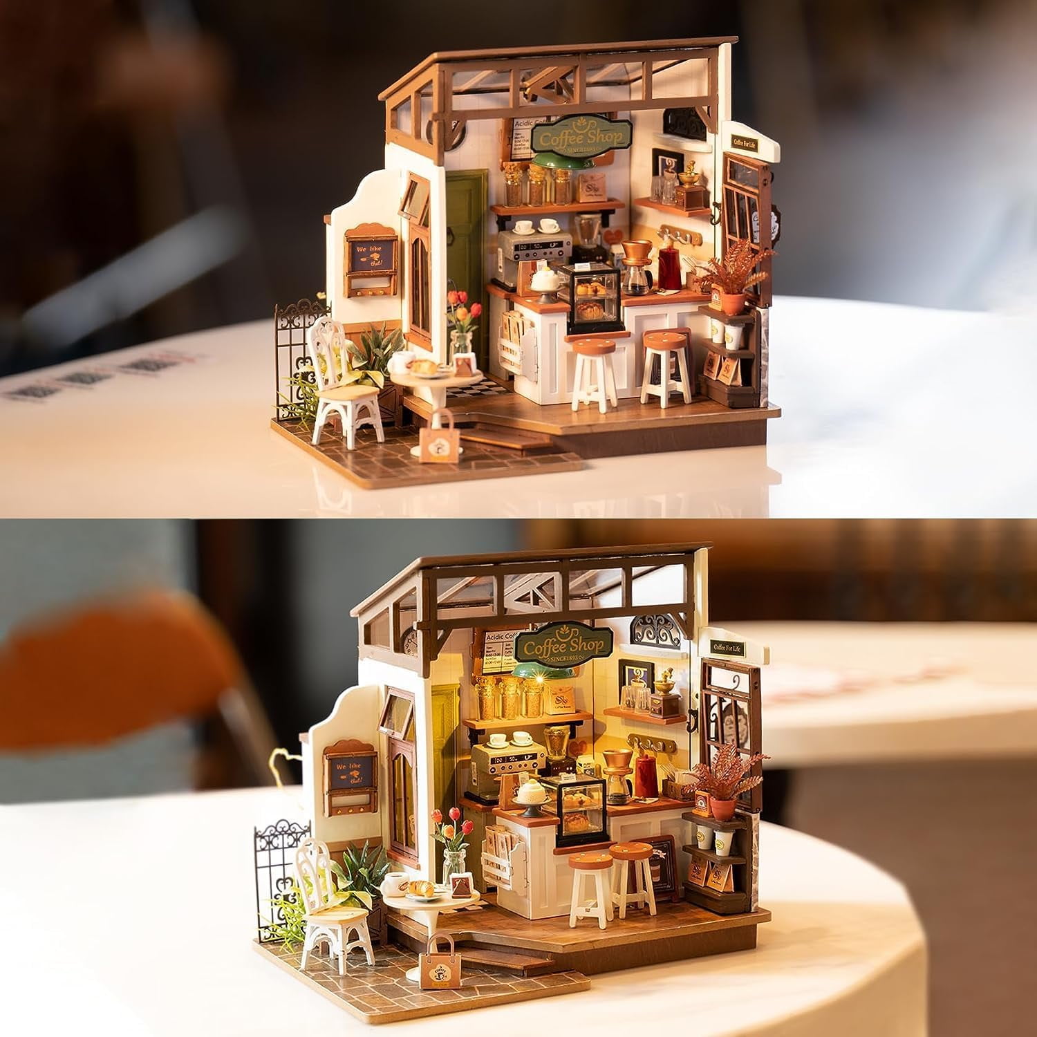 ROBOTIME DIY Miniature House Kit-Flavory Coffee Shop,Mini Wooden Dollhouse Model Building Sets for Home Decor,Tiny House Craft Kits Gifts for Teens Adults