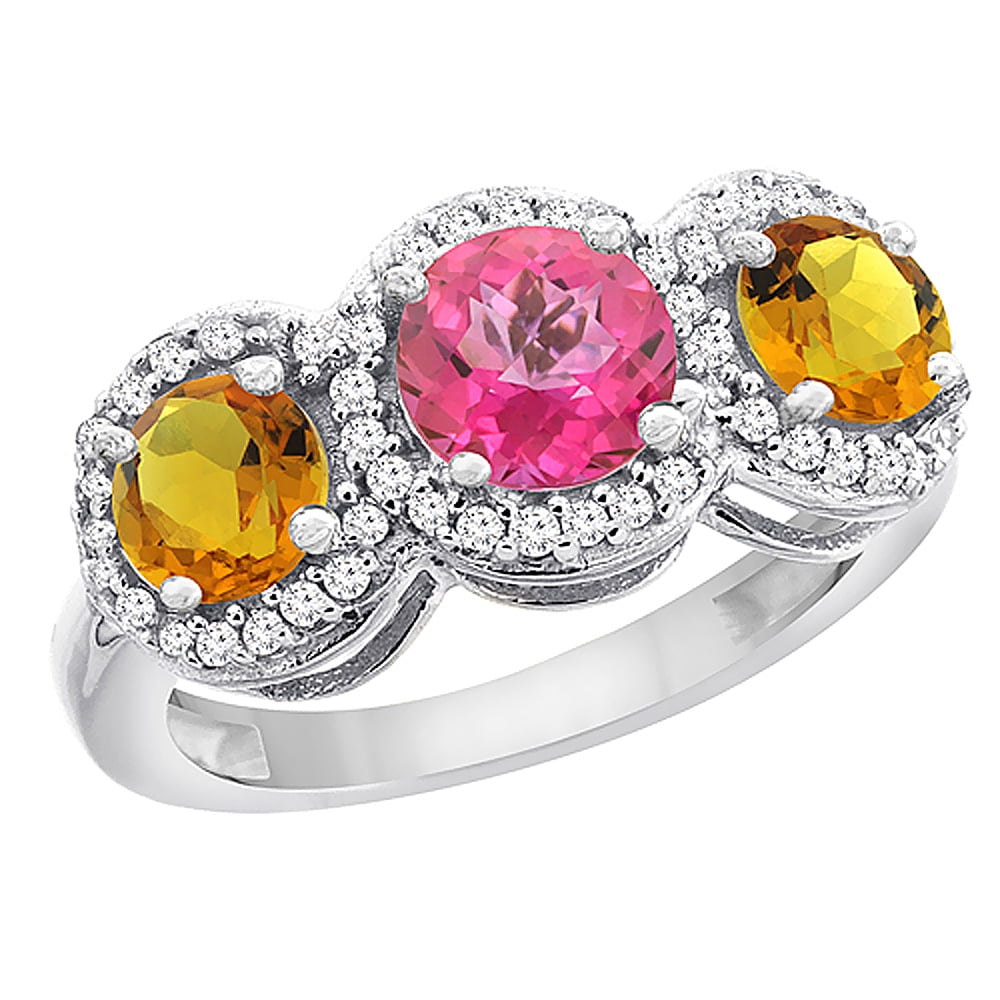 14K White Gold Natural Pink Topaz & Citrine Sides Round 3-stone Ring Diamond Accents, size 5 by Gabriella Gold