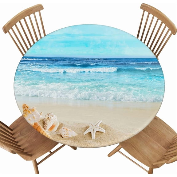Beach Texture Background Round Tablecloth Fitted with Elastic Edge Waterproof Wipe Clean Table Cover for Camping Outdoor, Fit for Diameter 32.2"-36.1" Round Table, Style 24