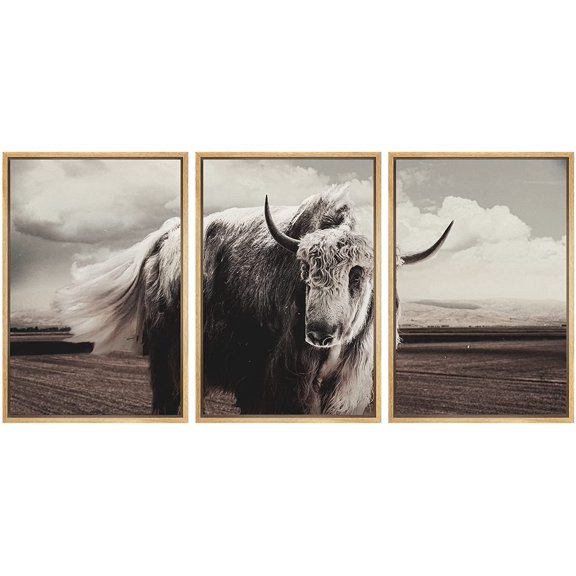 wall26 Framed Canvas Print Wall Art Set Storm Cloud Duotone Mountain Landscape Wild Bison Animals Nature Photography Realism Decorative Colorful for Living Room, Bedroom, Office - 16"x24"x3