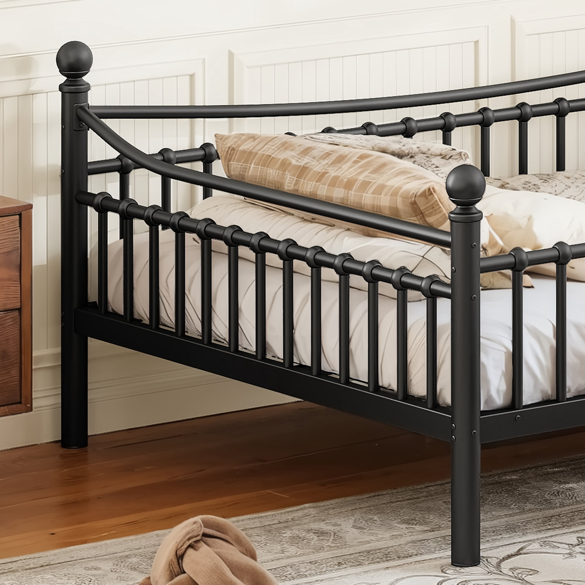 Leumius Full over Full Metal Bunk Bed with Unique Curved Guardrail Design, Round Tube Bunk Bed Frame, Metal Bunk Bed Frame for Kids Teens Adults Black