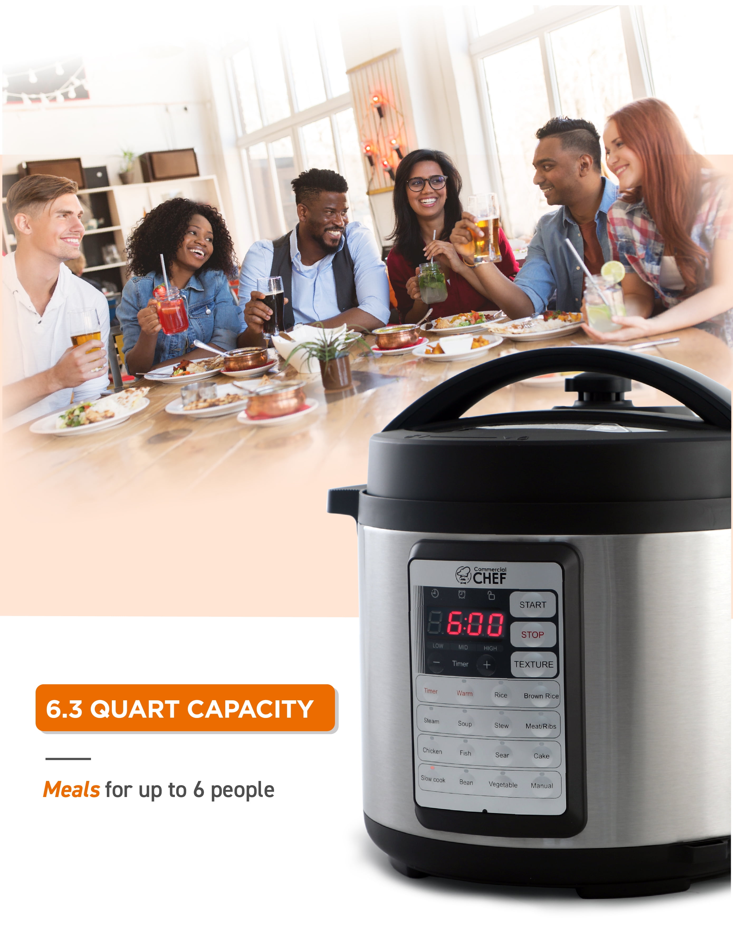 Commercial Chef 6.3 Quart 13 in 1 Electric Pressure Cooker