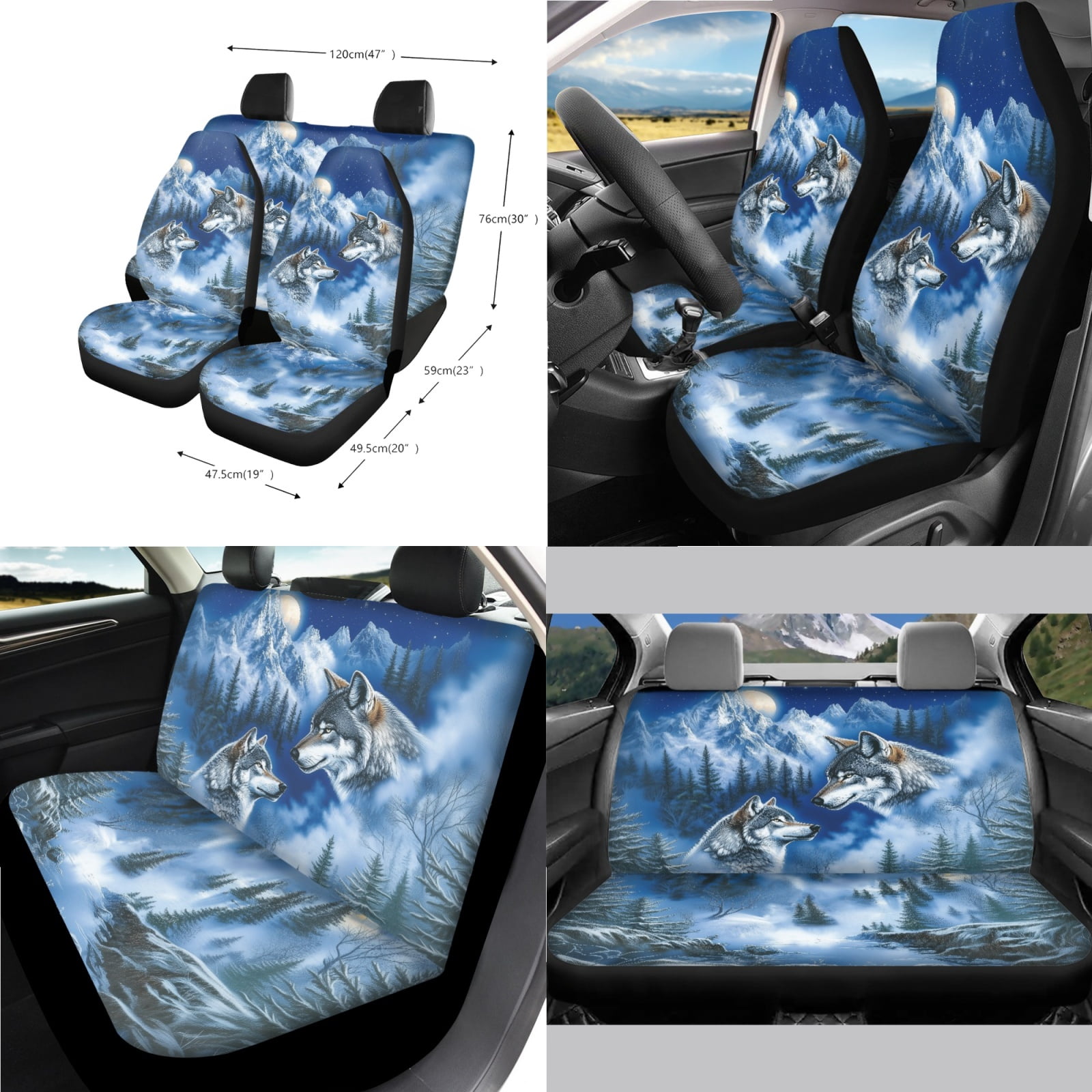 Renewold Wolf Forest Blue 14 PCS Car Seat Covers Set for Men, Auto Seat Protector with Steering Wheel Seat Belt Cover Garbage Bag Armrest Handbrake Rear View Mirror Protector Coasters