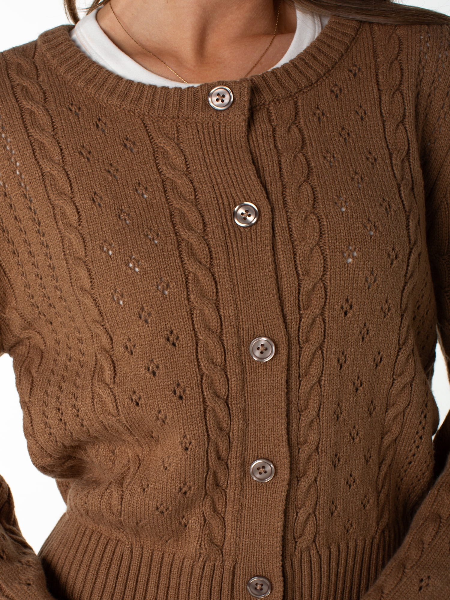 Celebrity Pink Women's Pointelle Crew Neck Cardigan Sweater, Sizes XS-4X