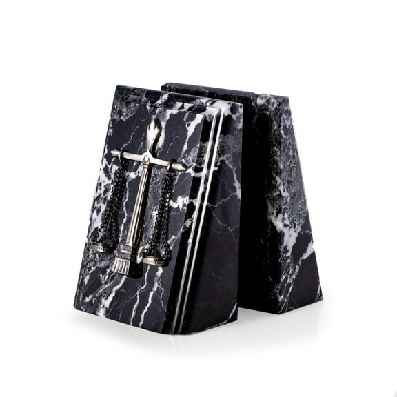 Beveled Black "Zebra" Marble Bookends with Antique Silver Plated "Legal" Emblem.