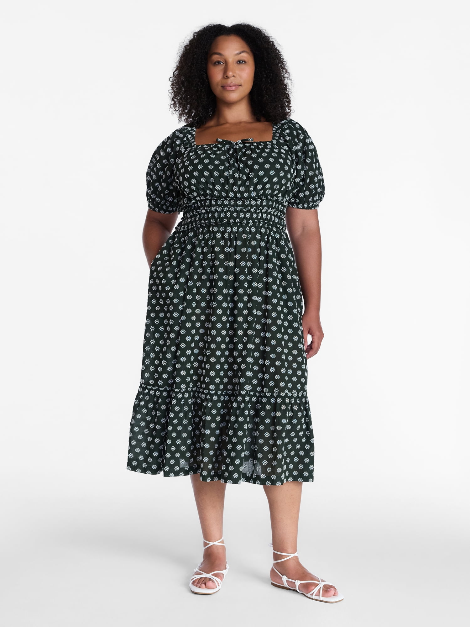 Time and Tru Women's Square Neck Cotton Midi Dress with Puff Sleeves, Sizes XS-XXXL