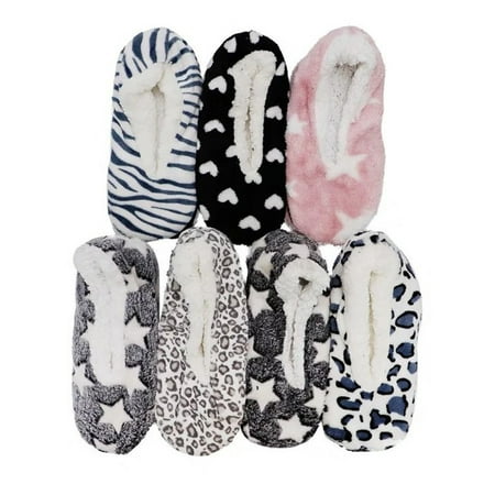 Womens Slippers Various Print Fleece Gripper Sock Anti-Slip Fuzzy House Shoes, Blue Leopard Print, One Size
