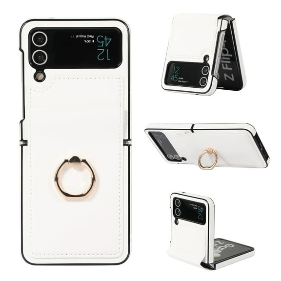 Allytech for Galaxy Z Flip 4 5G Case 2022 (6.7 inch), Anti-Scratch Slim Thin PU Leather Shockproof Case with Ring Holder for Samsung Galaxy Z Flip4 2022, White