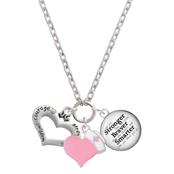 Delight Jewelry Silvertone Heart with 3 AB Crystals - Courage Strength Wisdom - Light Pink Heart Nurse Strong Zoe Necklace