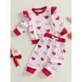 thumbnail image 5 of Toddler Baby Girl Valentines Day Outfit Bow Heart Print Ruffle Long Sleeve Sweatshirts Tops and Pants Spring Clothes Set, 5 of 8
