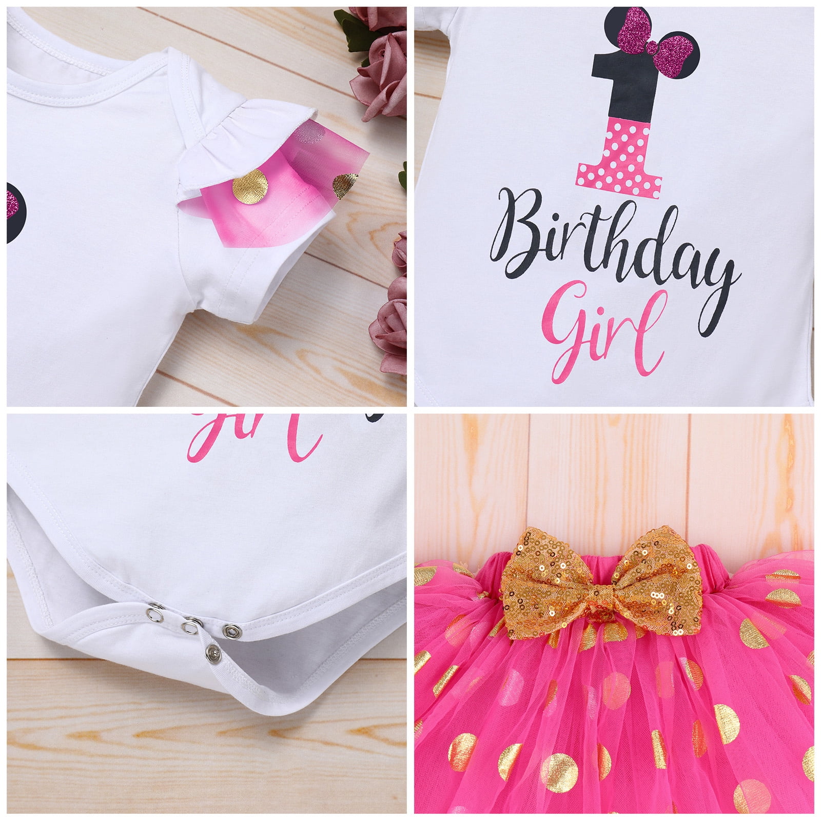IBTOM CASTLE Toddler Girls 1st 2nd 3rd Birthday Outfit Princess Polka Dots Ruffle Tutu Skirt Mouse Headband Cake Smash Party Clothes Set 1 Year Hot Pink