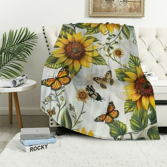 Sheronv Sunflowers Butterflies Warm Lightweight Blanket Soft Fleece Blankets Throw Blanket Living Rooms Sofa Decor All Seasons 40x50in