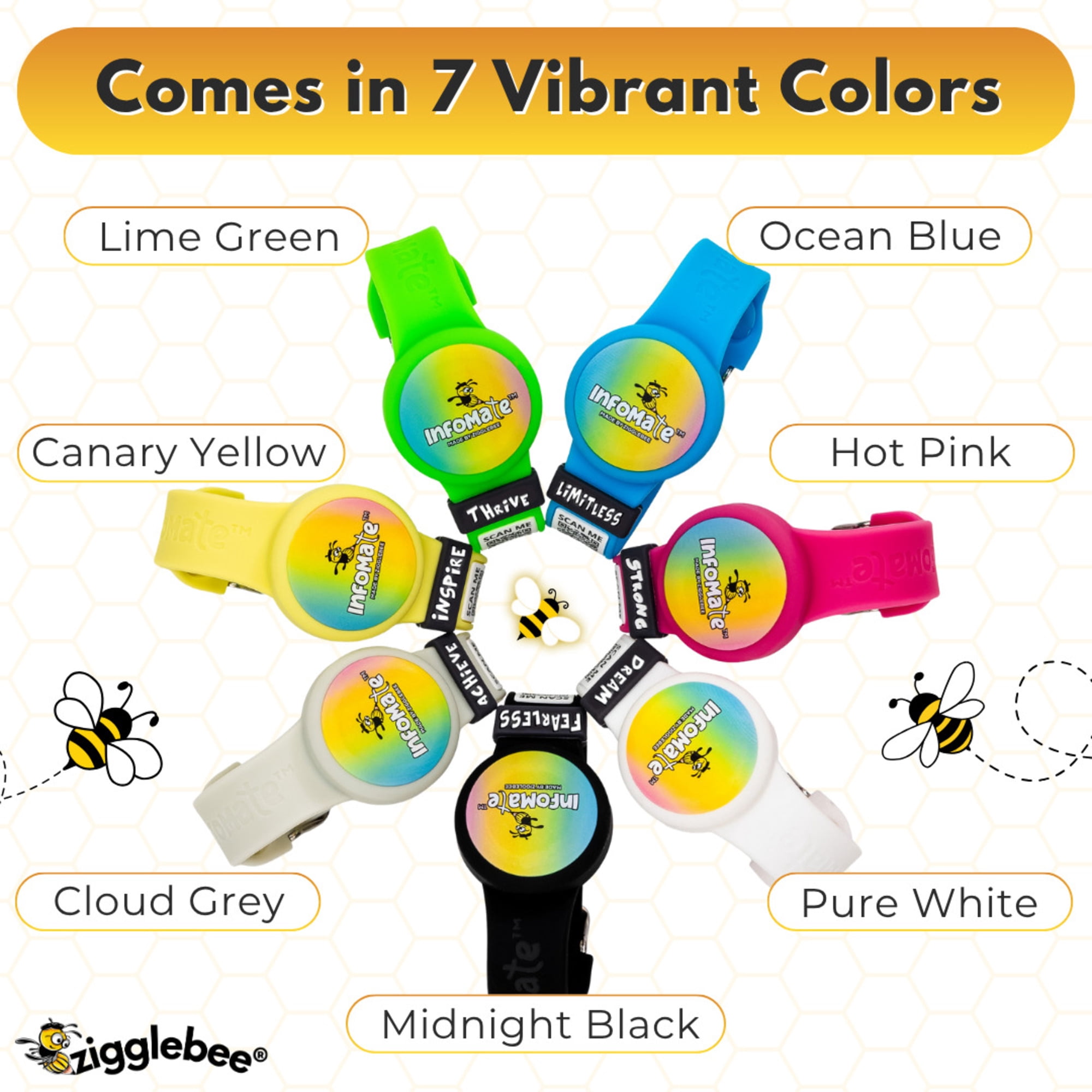 InfoMate by Zigglebee QR Code Medical Bracelet and AirTag Holder Wristband, Lime Green, Pin Buckle