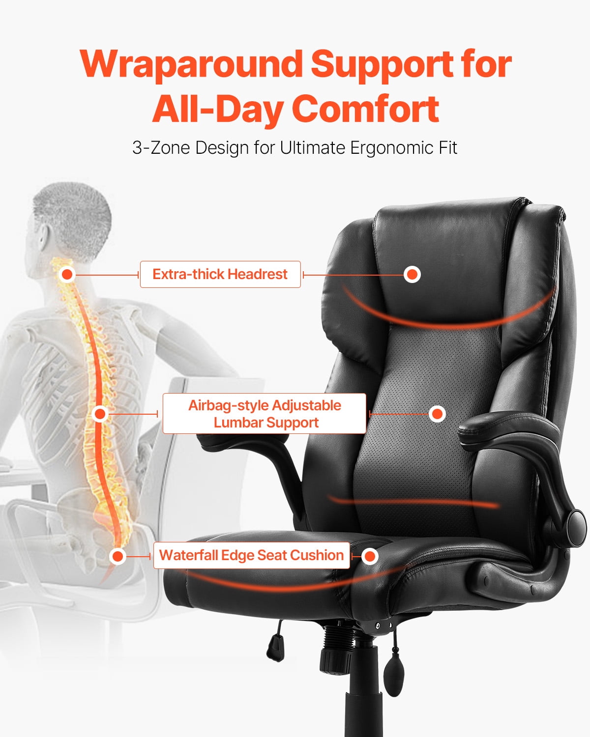 VEVOR Executive Office Chair with Lumbar Support, 300lb Capacity Office Chair with Flip-up Armrests & Lumbar Pillow, Height Adjustable Ergonomic Chair, PU Leather Reclining Home Office Desk Chairs