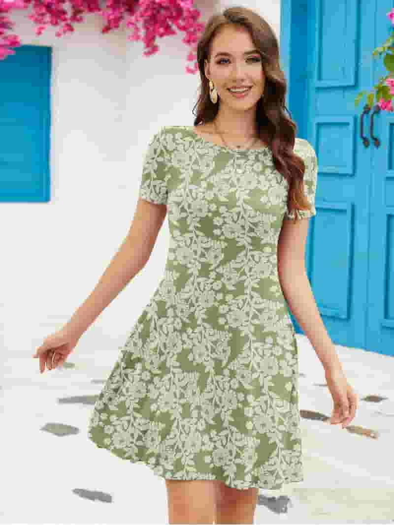 最新な T-Shirt Sleeve Short Women's Chiclily Dress, Roses Green Clothing