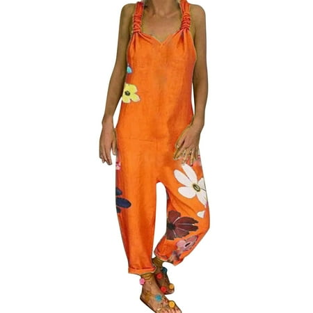 

Women Rompers And Jumpsuits Sleeveless V Neck Loose Beach Romper Orange S