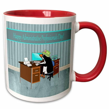 3dRose Penguin in the Office, Happy Administrative Professionals Day - Two Tone Red Mug, (Best Gifts For Administrative Professionals Day)