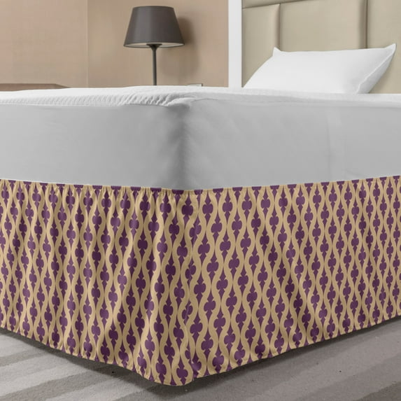 Victorian Bed Skirt, Swirls Pattern with Ornamental Motifs Abstract Retro Style Composition, Elastic Bedskirt Dust Ruffle Wrap Around for Bedding Decor, 4 Sizes, Lavender and Peach, by Ambesonne