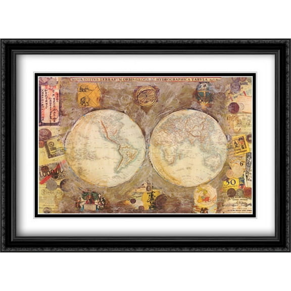 World Map 2x Matted 40x28 Large Black Ornate Framed Art Print by Starlie Sokol Hohne