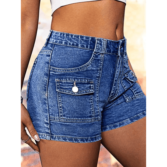 High Waist Denim Shorts, Cargo Style with Front Pockets, Blue (US, Alpha, Small, Regular, Regular, Blue)