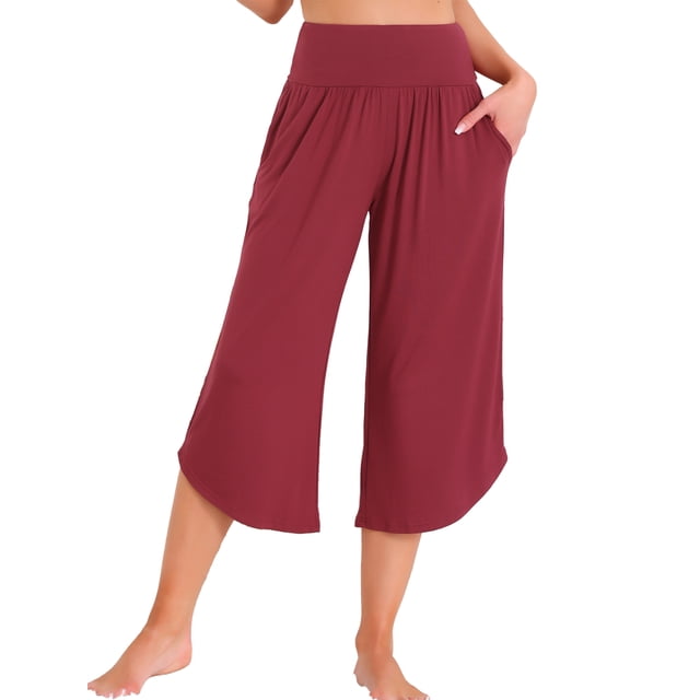 Pantalones de yoga de pierna ancha para mujer INSPIRE CHIC con bolsillos, pantalones de chándal recortados casuales M color rojo vino