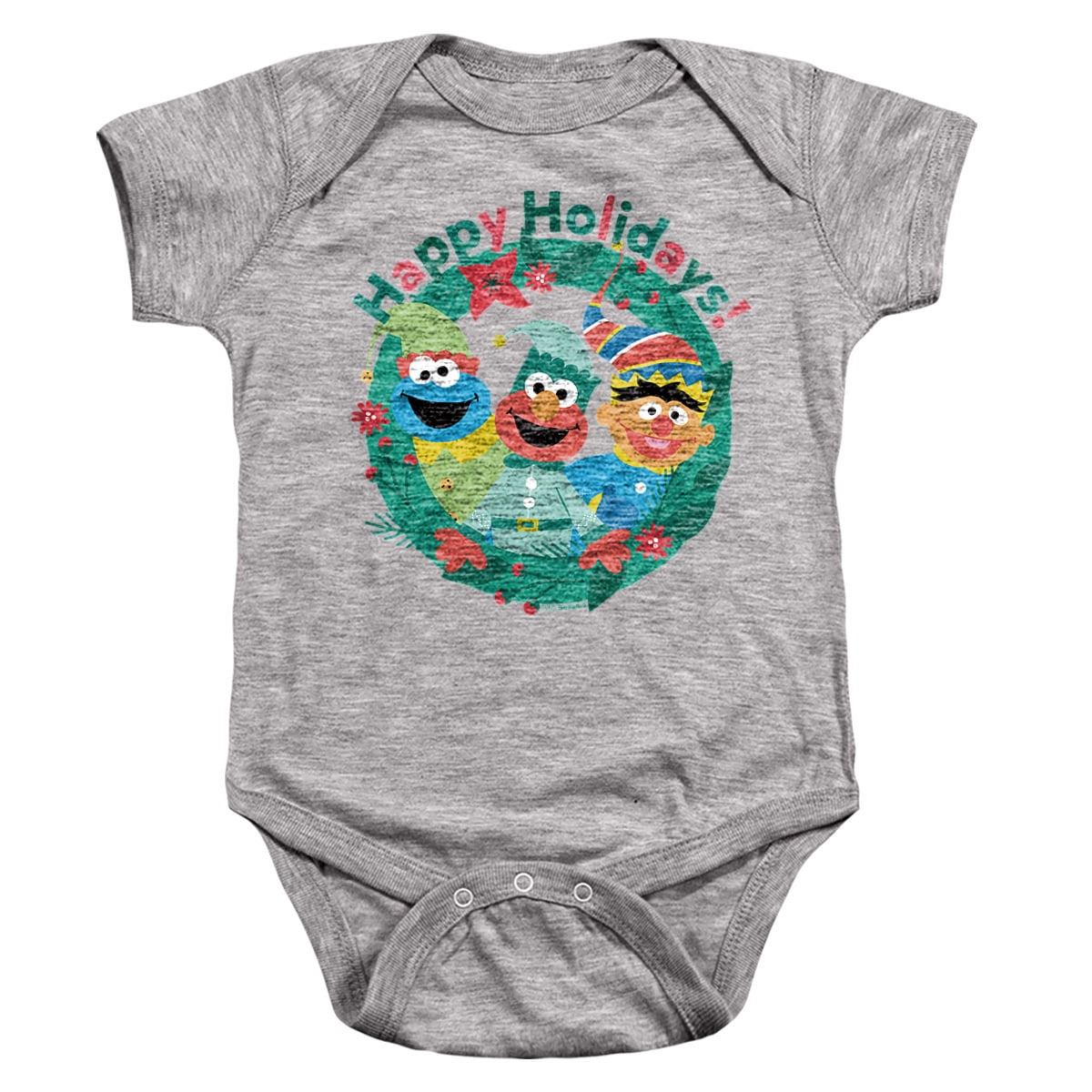 Sesame Street Happy Holiday Christmas Elves Unisex Infant Snap Suit for Baby, Athletic Heather, Large