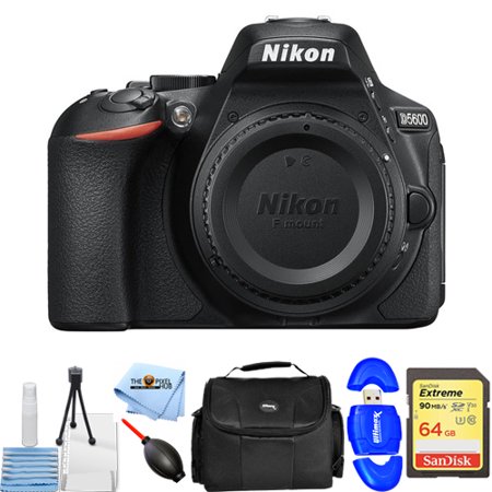 Nikon D5600 DSLR Camera With Vari-Angle Touchscreen (Body) - Essential Bundle Includes: Sandisk Extreme 32GB SD  Memory Card Reader  Gadget Bag  Blower. Microfiber Cloth and Cleaning Kit