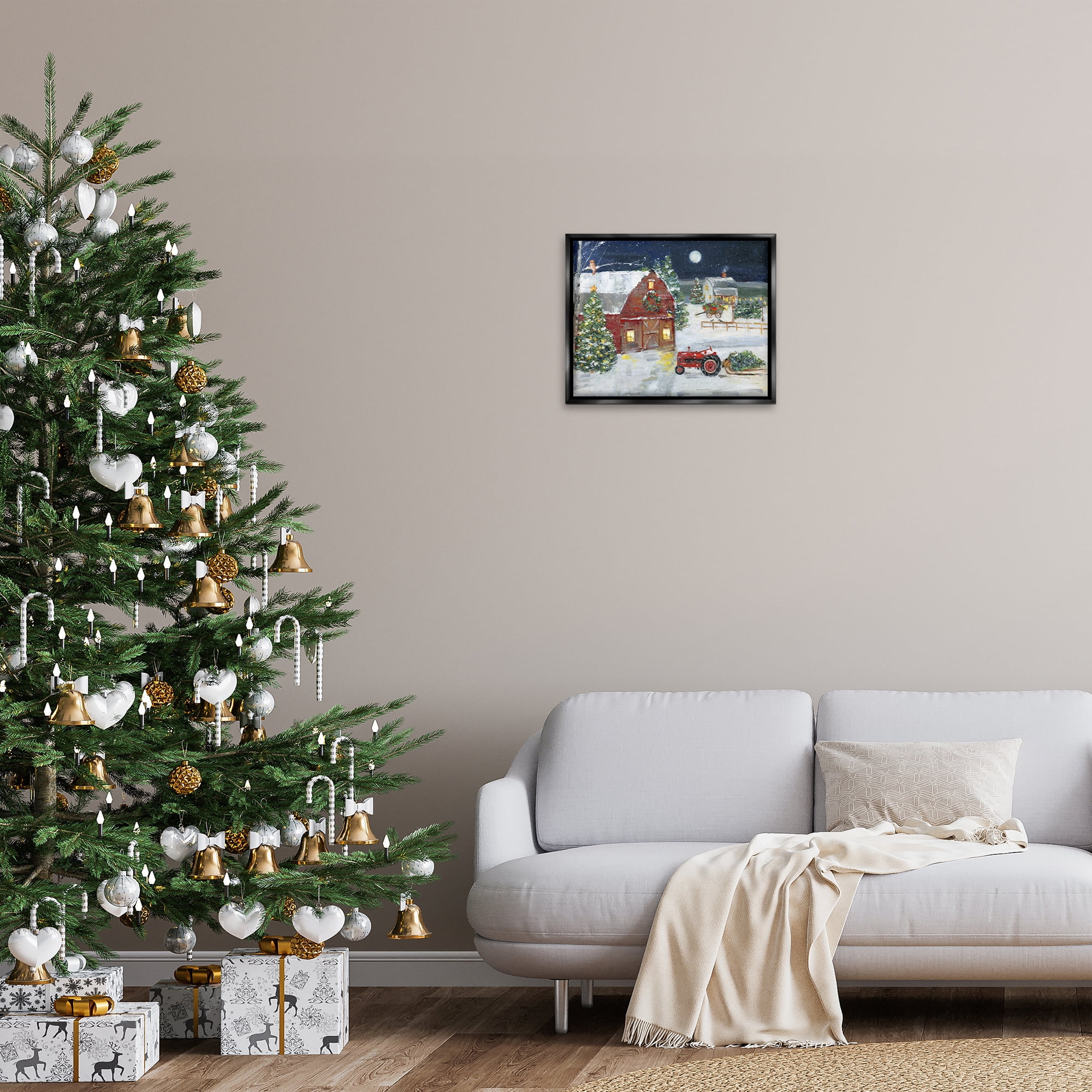 Stupell Industries Snowy Farm & Tractor Holiday Painting Black Floater Framed Canvas Art Prints Wall Art, 21 x 17