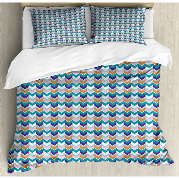 Arrow Duvet Cover Set Queen Size, Colorful Chevron Inspired Pattern Horizontal Stripes Ideal for Home Ornaments, Decorative 3 Piece Bedding Set with 2 Pillow Shams, Multicolor, by Ambesonne