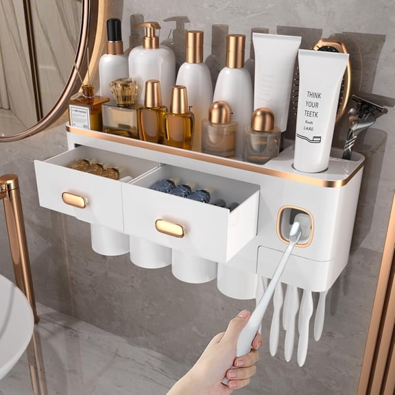 Holders Wall Mounted with Dispenser & 4 Cups - White and Design for Bathroom Decor, -in- Bathroom Organizers & Storage for Toothbrushes and Accessories