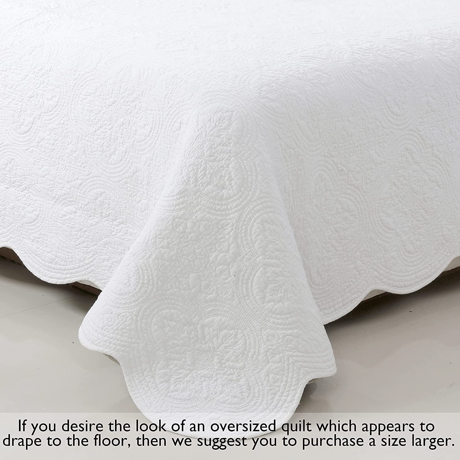 Cozy Line Victorian Medallion Matelasse Scalloped Edge 100% Cotton 3-Piece White Quilt Bedding Set, King