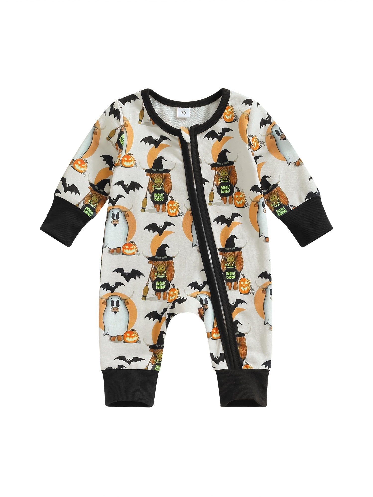 Newborn Infant Baby Boys Zip Up Onesie Romper Cow Print Long Sleeve