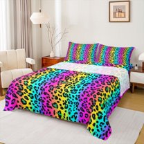 jejeloiu Rainbow Leopard Stripes Queen Sheet Sets,Modern Abstract Geometric Flat Sheet,Multicolor Cheetah Print Queen Fitted Sheet For Girl,Microfiber Bedroom Decor,4pcs