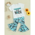 thumbnail image 3 of FEORJGP Kids Baby Girl 2 Piece Summer Outfits 6M 9M 1T 2T 3T 4T 5T Toddler Short Sleeve Graphic T-Shirt Crew Neck Shirt Letter Print Tops and Elastic Floral Flare Pants Casual Cute Clothes, 3 of 9