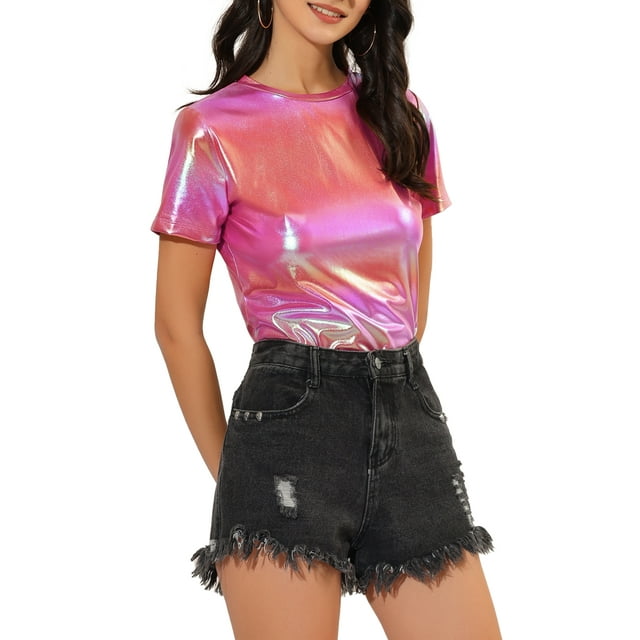 INSPIRE CHIC Women's Party Metallic Textured Short Sleeve Shiny Multicolor Top Pink 3X-Large